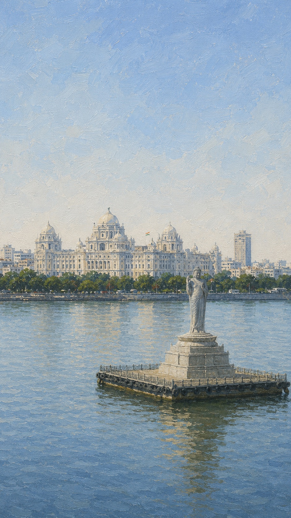 An oil painting of Tank Bund in Hyderabad.
