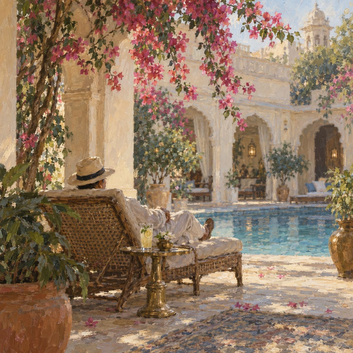 An oil painting of a hotel owner in a panama hat reclining on a cane lounger beside a courtyard pool, a glass of nimbu pani on a brass table, bougainvillea overhead.