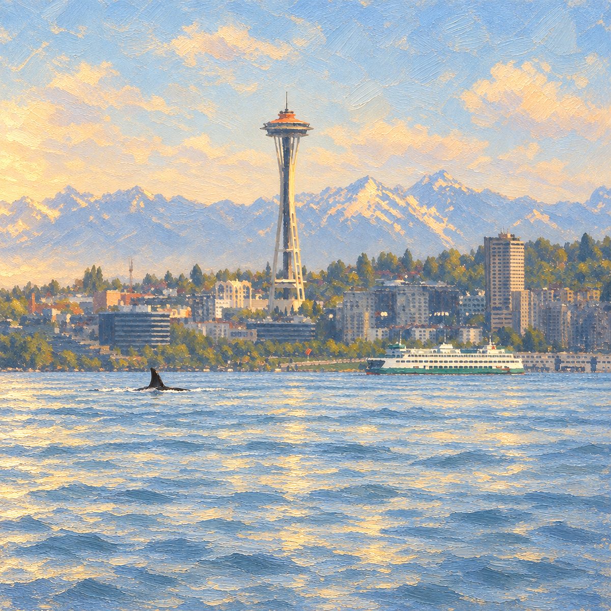 An oil painting of Seattle from the water: the Space Needle, a ferry crossing Puget Sound, an orca, and the Olympic mountains behind.