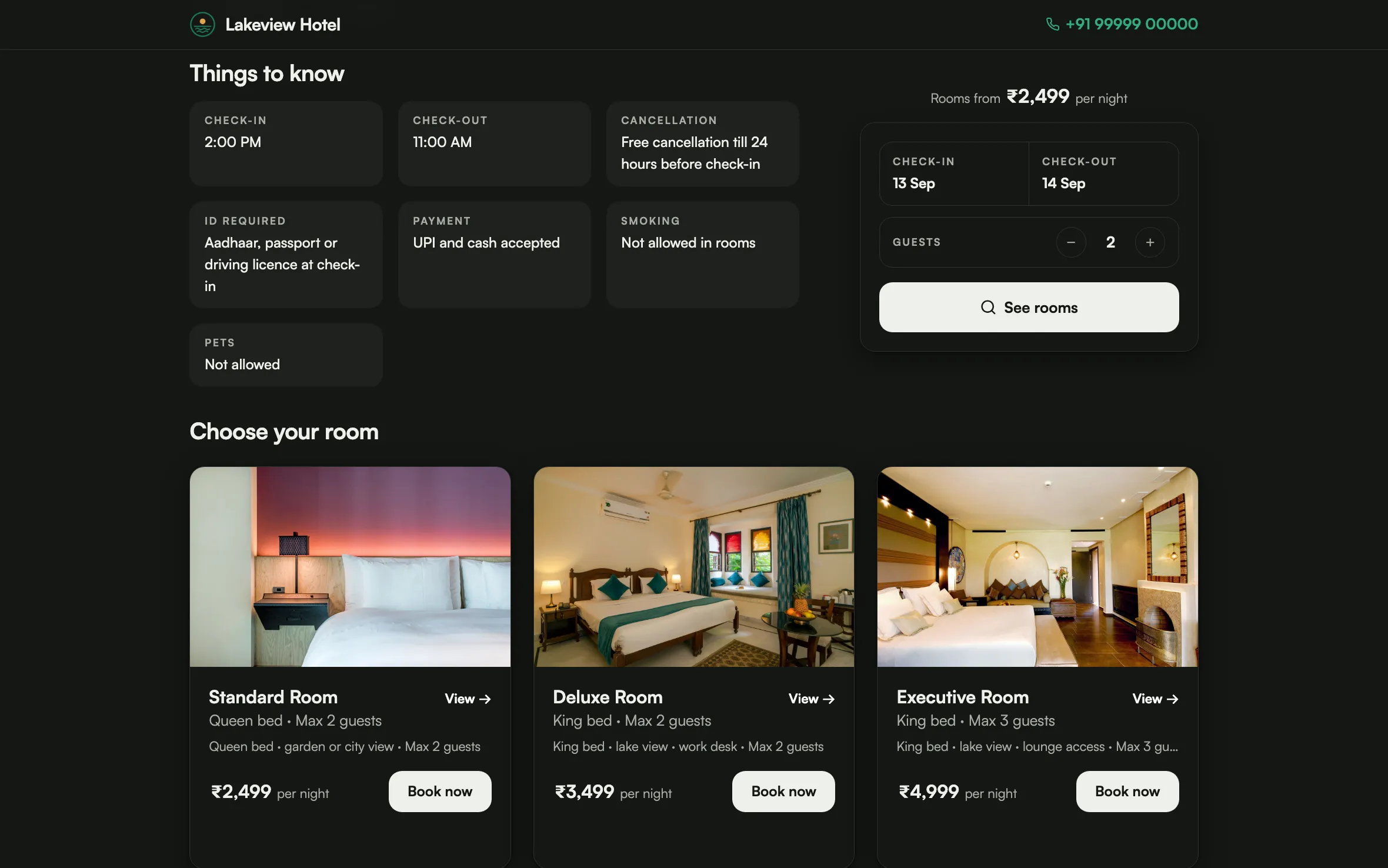 A hotel’s guest page: things to know, the booking card, and three rooms with their prices and a Book now button each.
